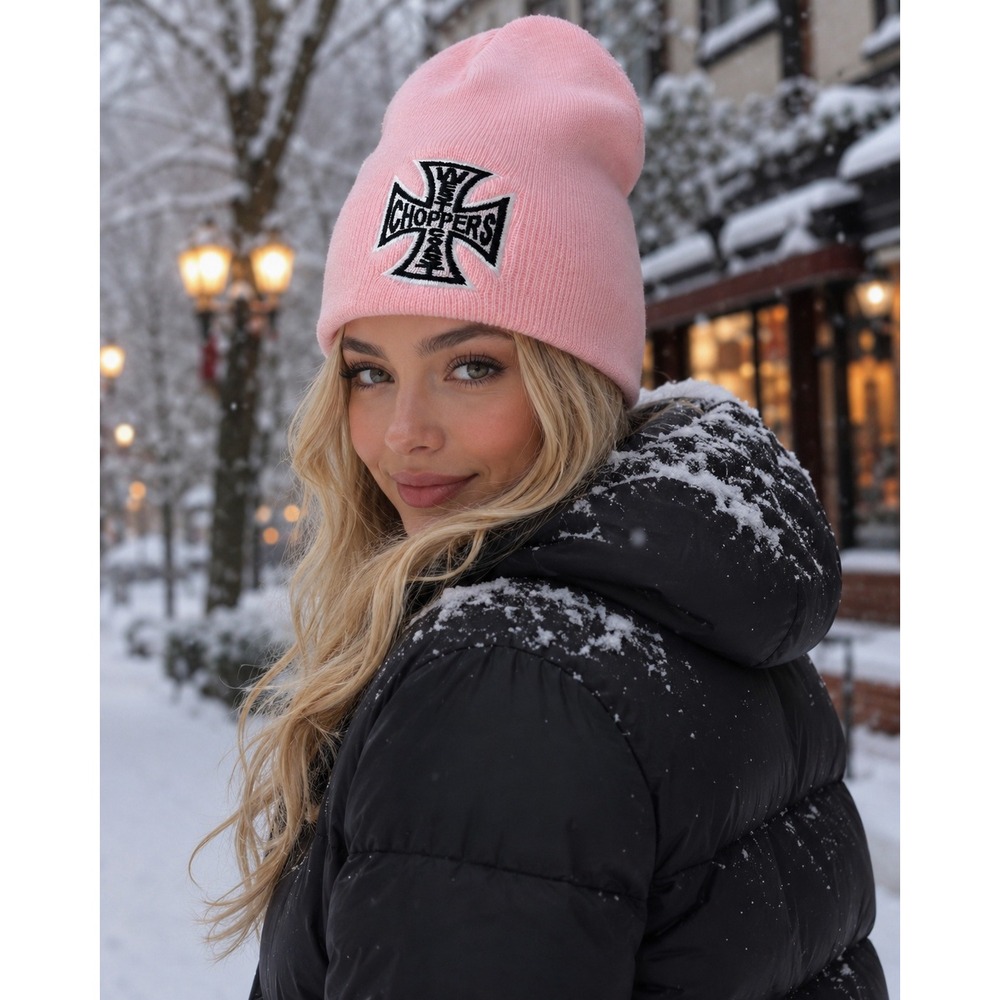 West Coast Choppers Beanie One Size Pink Iron Cross Logo USA Streetwear 1251